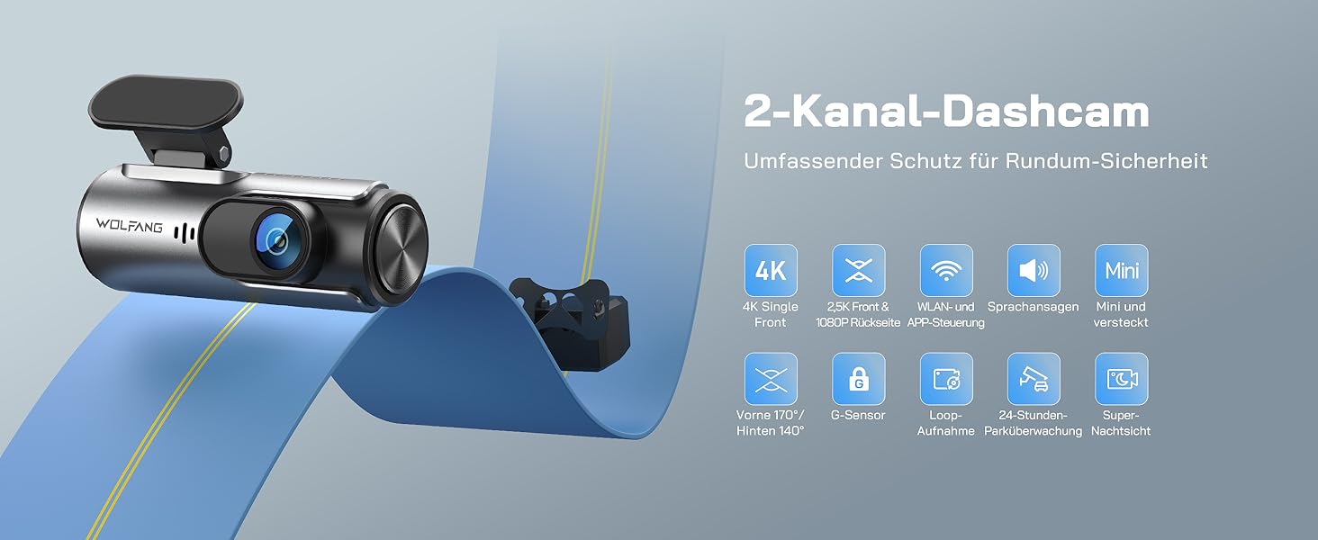 WOLFANG Dashcam Auto Передній та Задній 4K WiFi відеореєстратор з 32GB SD карткою, Ultra нічне бачення, 170° широкий кут огляду, WDR, 24 год. режим паркування, G-сенсор, циклічна запис