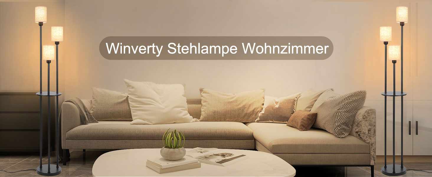 Стійка лампа Winverty для вітальні з полицею, 3 лампи, вінтажний стиль, чорний колір