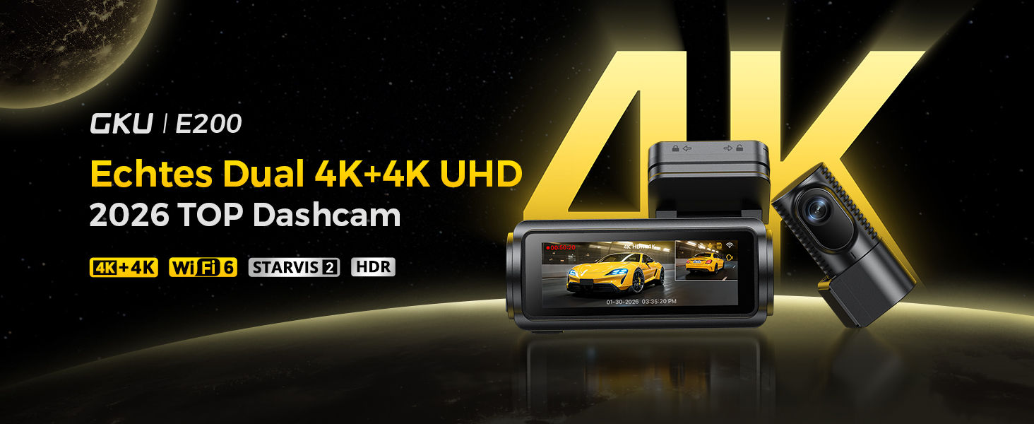 Автомобільний відеореєстратор GKU 4K+4K (передній та задній), сенсор STARVIS 2, HDR, нічна зйомка, чорний
