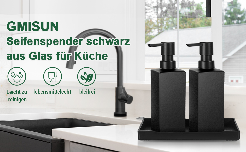 Диспенсер для мила GMISUN чорний скляний 350 мл для кухні та ванної кімнати з піддоном та водонепроникними етикетками