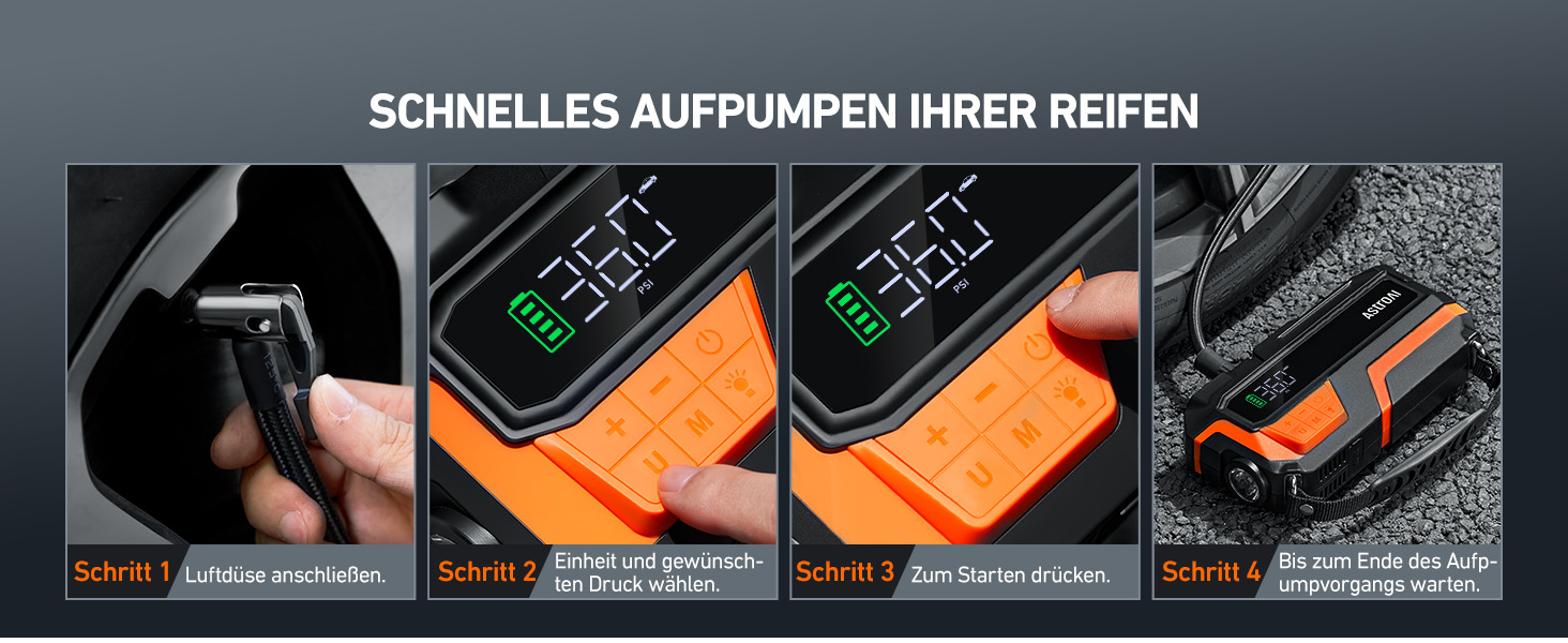 Powerbank AstroAI MF16 6000A з компресором 150PSI: старт для авто, мото, SUV (12V, 10L бензин/8L дизель), LED-дисплей, оранжевий