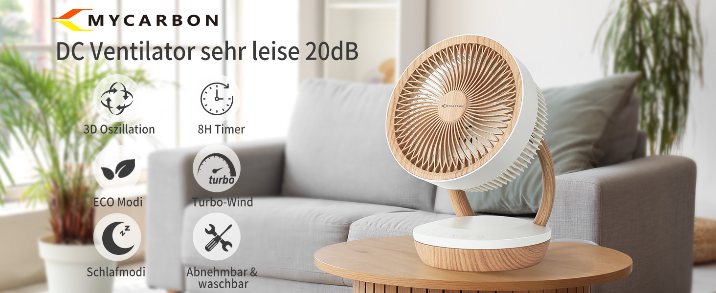Вентилятор настільний MYCARBON FS05-DC: тихий, 8 швидкостей, 1850 м³/год, ECO-режим, 3D-циркуляція повітря, таймер 8 годин для спальні/офісу