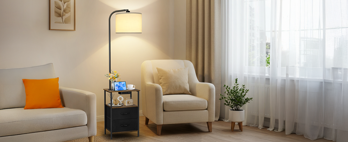 Стельова лампа для вітальні з тумбою та полицею, регульована LED, з пультом, 3 колірні температури, приліжкова тумба з зарядкою та полицею, дерев'яний столик для спальні/офісу (чорний з шухлядами)