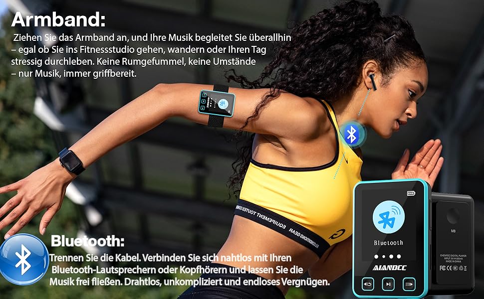 MP3 плеєр Bluetooth 5.3 зі спортивним кліпом та браслетом, 1.77