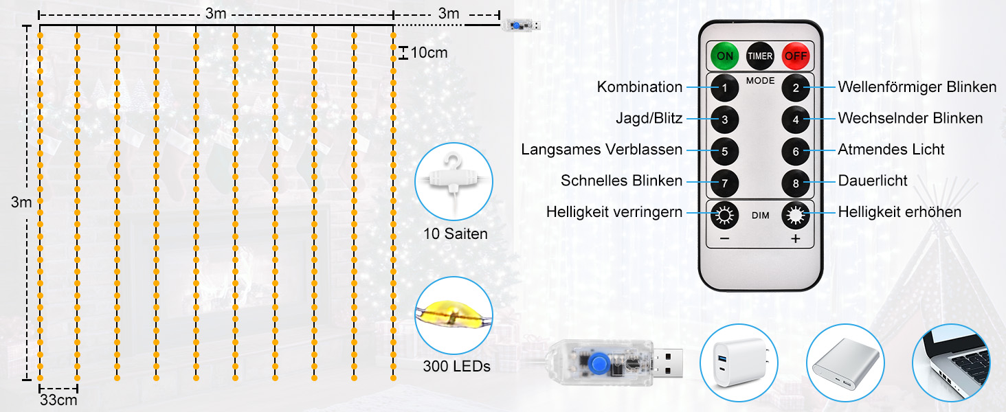 Льодогенератор 3Mx3M 300 LED, USB, з пультом та таймером, для декору приміщень, водонепроникний, білий