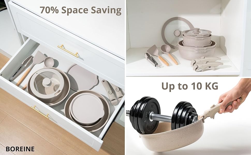 Набір посуду BOREINE 14 предметів: каструлі та сковороди з антипригарним гранітним покриттям (PFOA-free), знімні ручки, для всіх типів плит (індукція, склокераміка, газ, духовка), коричневий