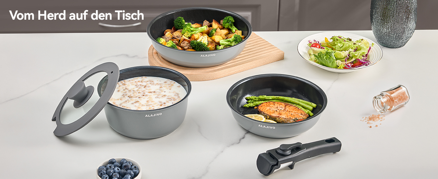 Набір посуду 9-ти частинний з знімним ручками, антипригарне покриття, керамічна сковорода, набір каструль з кришками, для всіх типів плит, безпечний у духовці (сірий)