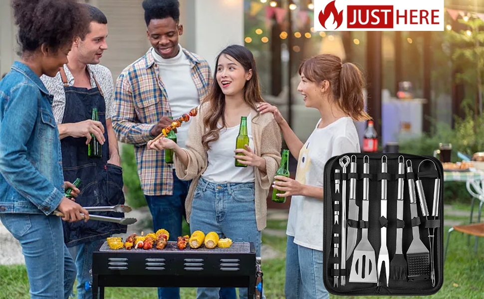 Набір гриля JUSTHERE 15 предметів: шампури, щипці, лопатки з нержавіючої сталі. Професійний аксесуар для BBQ, кемпінгу та дому. Чудовий подарунок для чоловіків
