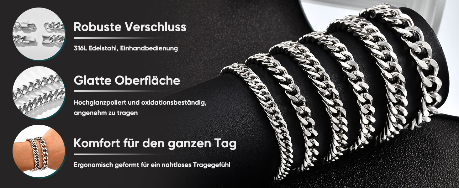 Чоловічий браслет з нержавіючої сталі 2 шт. - браслети для чоловіків срібного/чорного/золотого кольору. Браслет-танцююча ланцюжок. 19/21/23 см. Подарунок для чоловіка, батька, сина, друга, чоловіка, брата. Срібло, 8 мм ширина, 19.0 см