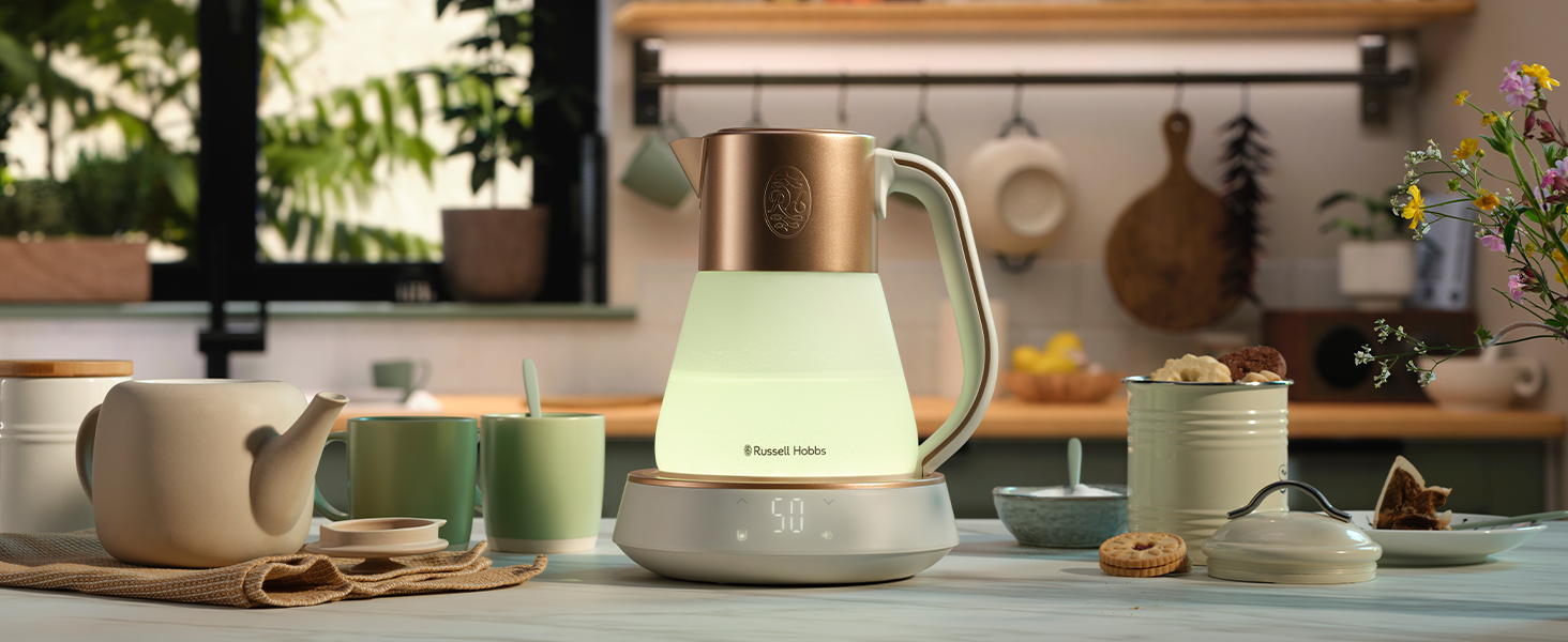 Електричний чайник Russell Hobbs зі скла 1,7 л з регулюванням температури 40-100°C, LED-підсвіткою, тихою технологією кип'ятіння, функцією підтримки тепла, цифровим дисплеєм, сенсорним управлінням, 2400 Вт, модель Calm 27450-70