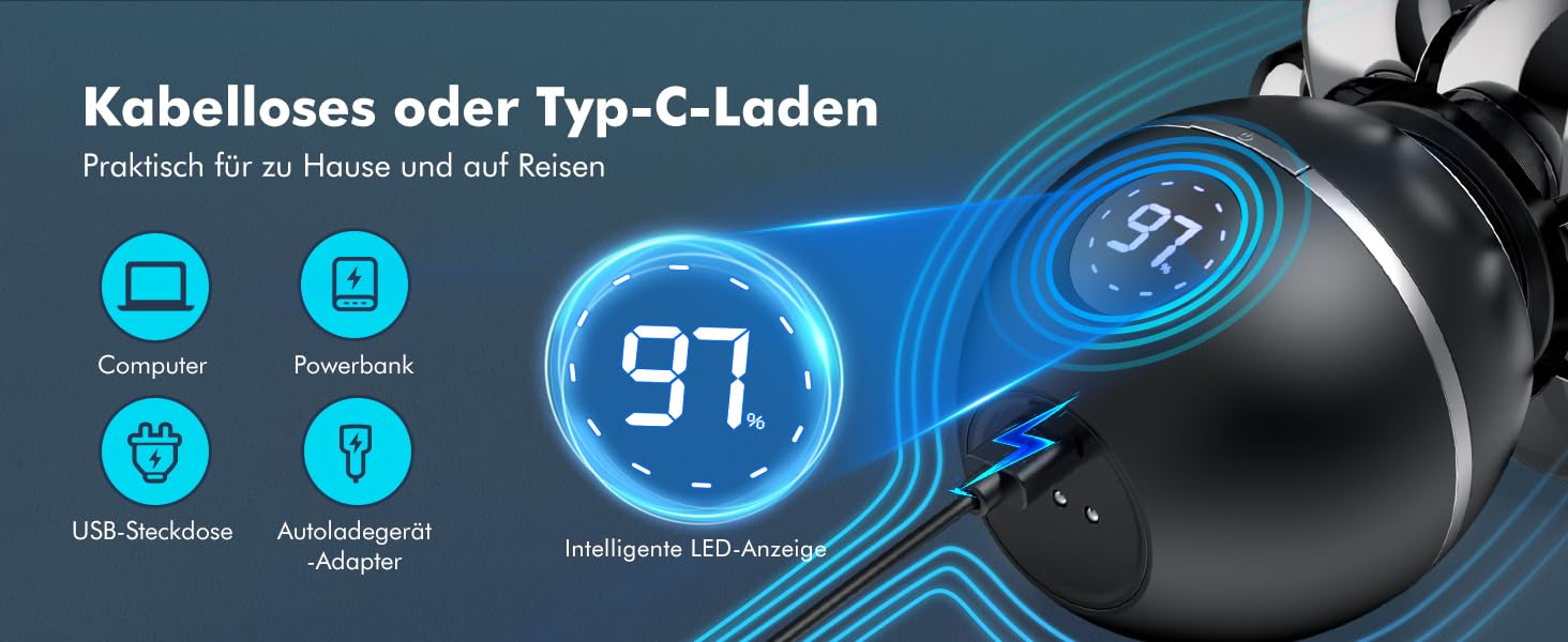 Електричний гоління для чоловіків ETENTOUS Glatzen Rasierer - 7D, 6-в-1, для гоління голови, бороди, носа, IPX7, чорний