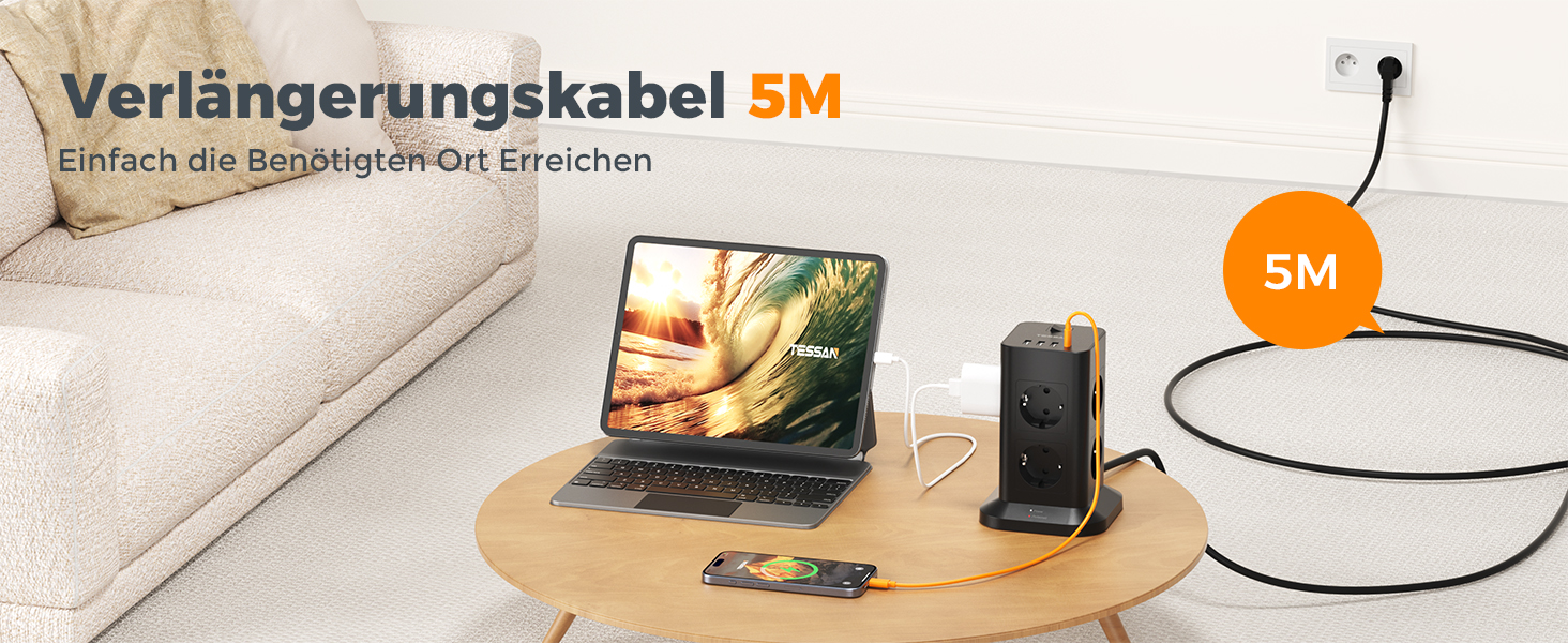 Розподільник розеток TESSAN з 8 розеток, 2 USB-C, захистом від перенапруги, 4 USB, вимикачем та кабелем 2м (3600W) для офісу (сірий/білий)