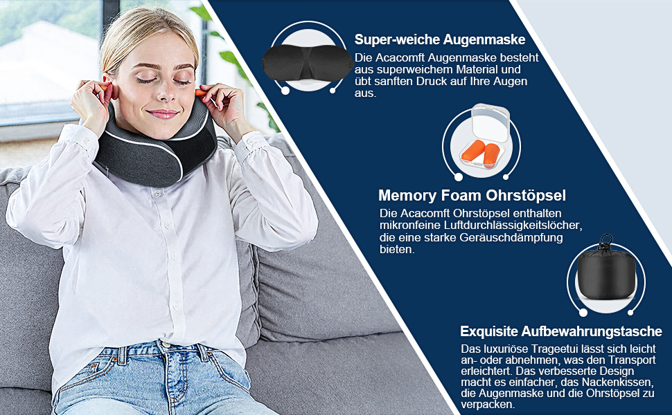 Подушка для шиї в літак, доросла, з піною з пам'яті, регульована та компактна, для автомобіля з навушниками, маскою для сну, чохлом