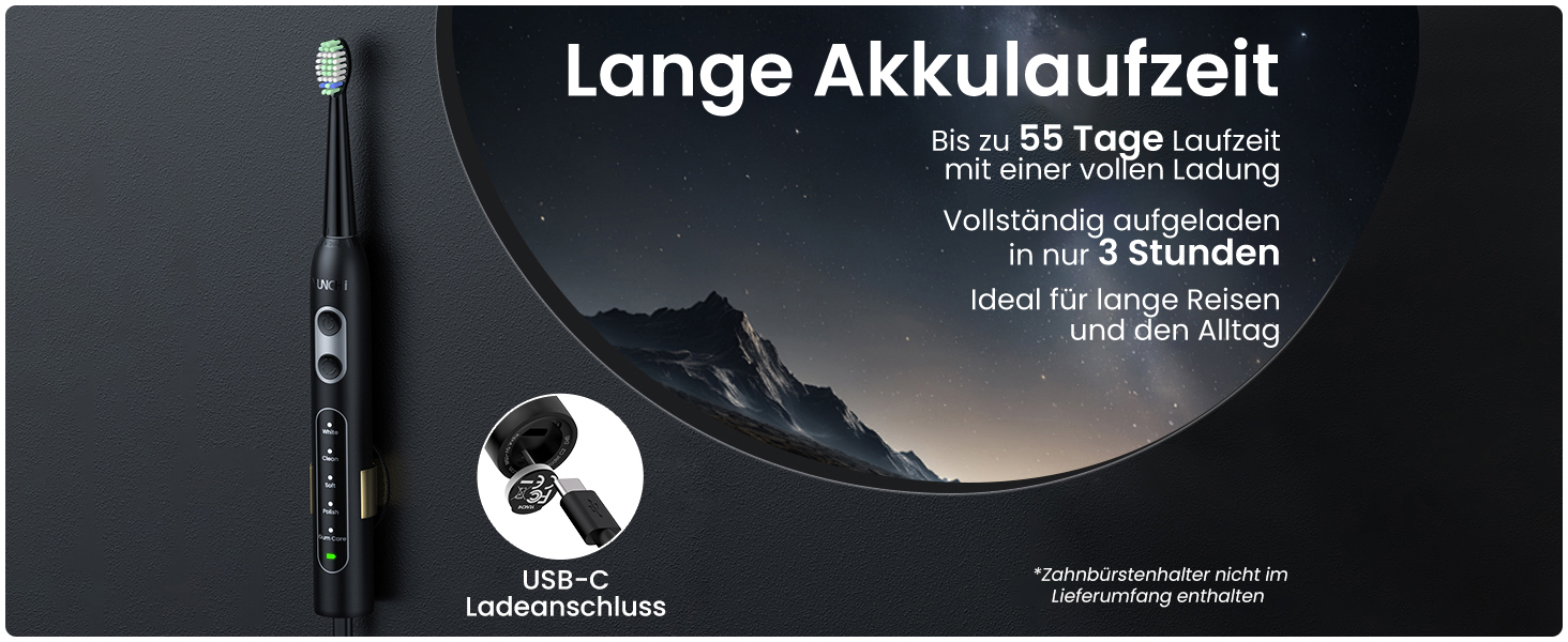 Електрична зубна щітка YUNCHI C2 з 40000 VPM, звукова щітка для дорослих, зарядка USB-C, 55 днів роботи від акумулятора, 5 режимів чищення, таймер 2 хвилини, 8 насадок, дорожній футляр, чорна YUNCHI C2