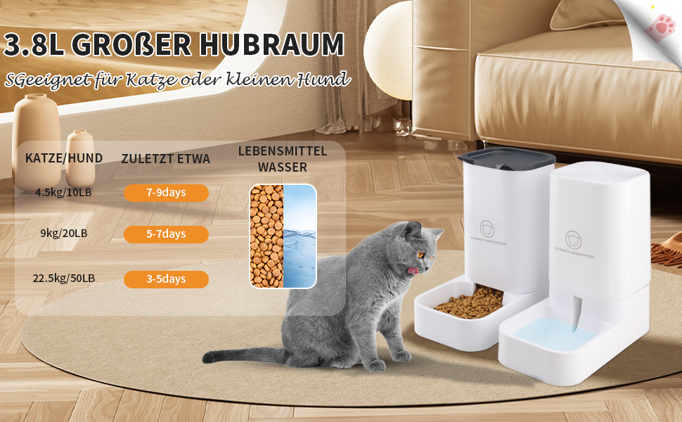 Автоматичний годівниця для котів, 2.1 кг, годівниця та диспенсер води для собак 3.8 л, без електромережі, без PBA, для подорожей, білий