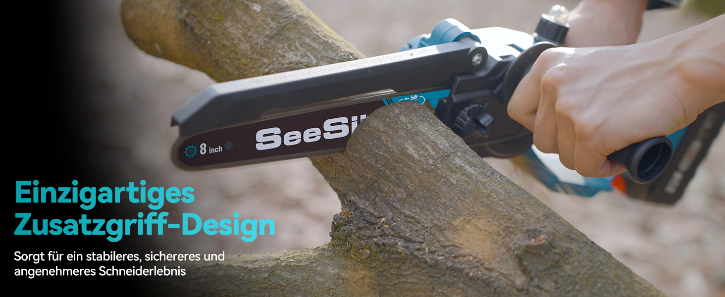 Акумуляторна міні-пила SEESII 8000mAh, 6 дюймів, з автоматичною змащенням та запасним ланцюгом. Ідеальна для стрижки гілок та різання деревини.