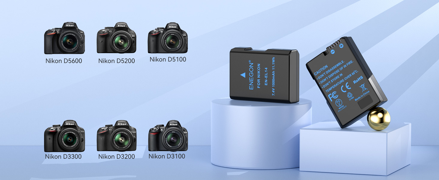 Запасний акумулятор ENEGON EN-EL14/EL14a (2 шт.) та розумне LED Dual USB зарядне пристрій для Nikon DSLR D3100, D3200, D3300, D3400, D3500, D5100, D5200, D5300, D5500, D5600, DF Coolpix P7000, P7100, P7700, P7800
