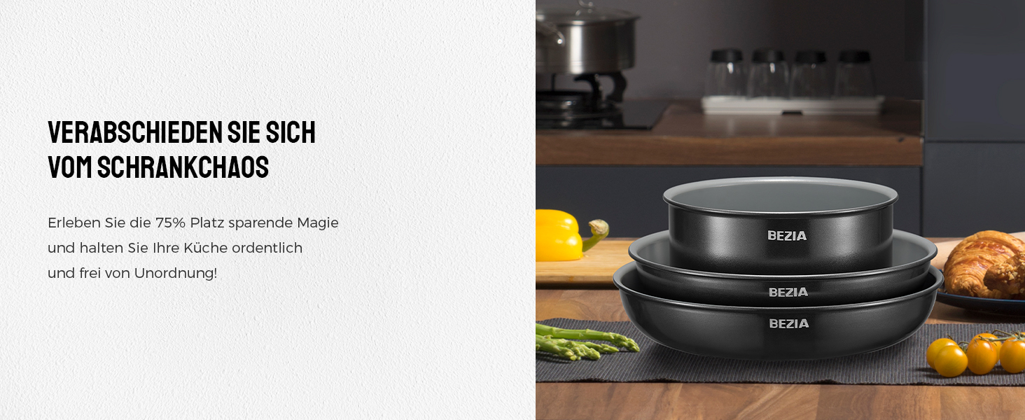 Набір каструль Bezia з керамічним покриттям (9 предметів) - каструлі та сковорідки для індукційних плит, антипригарне покриття, для кемпінгу, сумісні з усіма типами плит, складені, набір сковорідок, придатні для духовки