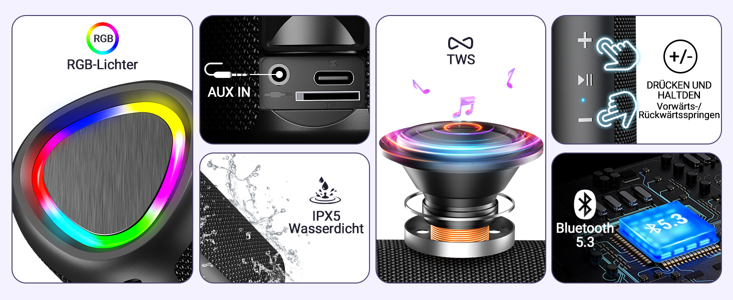 Портативна Bluetooth колонка UOHHBOE з RGB підсвічуванням, 15W, TWS, водонепроникна IPX5, AUX, TF картка, 15 годин роботи