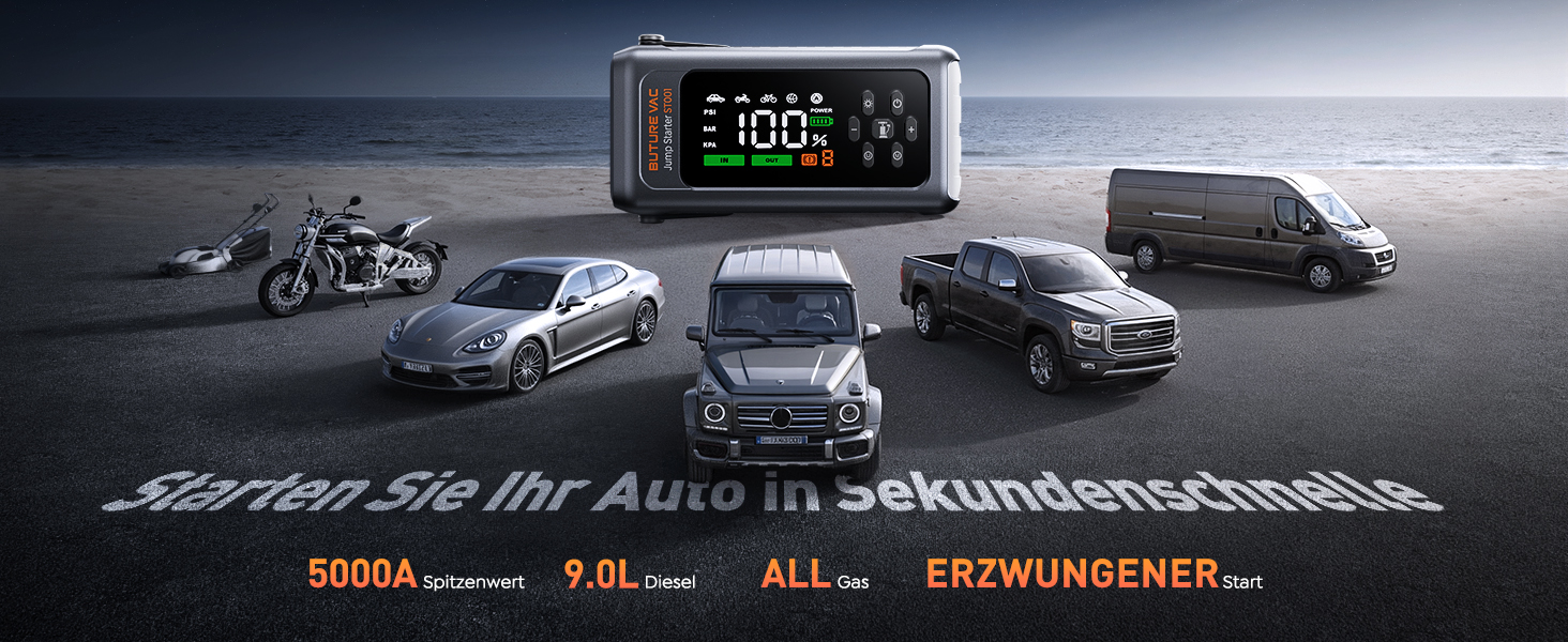 Powerbank Starthilfe 5000A з компресором 150PSI: акумулятор для авто 12V, бустер, аварійний старт, ліхтарик, рукавички