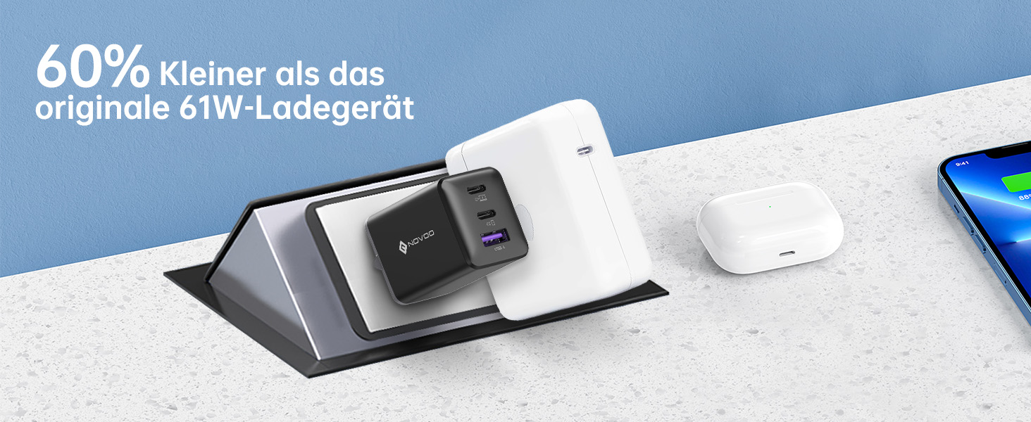 Зарядний пристрій USB-C 67W NOVOO GaN III з 3 портами, швидка зарядка для MacBook, iPad, Pixel, Samsung, iPhone, Steam Deck - Чорний