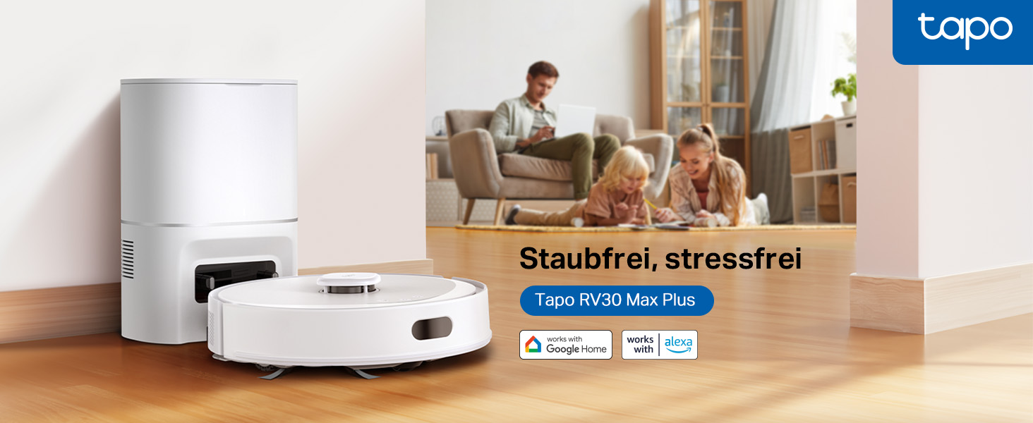 Робот-пилосос Tapo RV30 Max Plus з функцією миття та автоматичною станцією самостійного очищення, 5300Pa, LiDAR+IMU, голосове керування Alexa & Google Assistant, білий