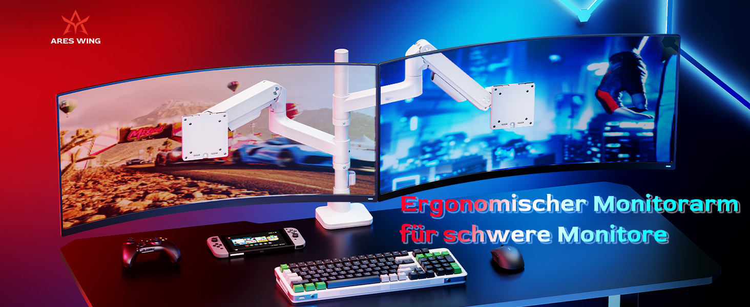 Кронштейн для двох моніторів ARES WING з газліфтом, 17-49 дюймів, навантаження до 20 кг на руку, VESA 75/100, білий