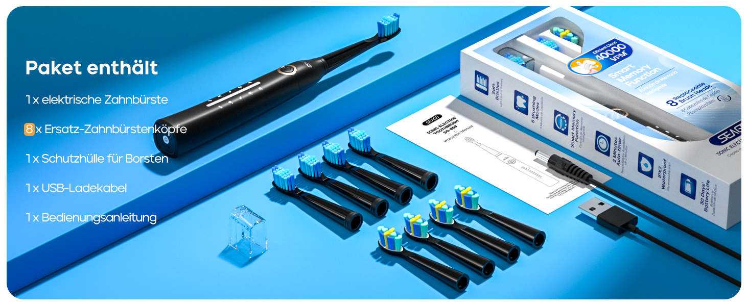 Електрична звукова зубна щітка Seago SG-958 (біла), 40000 VPM, 5 режимів, 8 насадок, USB-зарядка