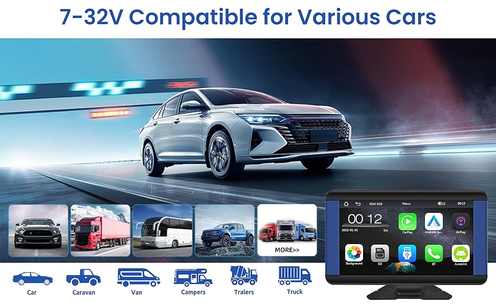 Портативне автомобільне радіо Rimoody 7'' з IPS-дисплеєм, Bluetooth, CarPlay, Android Auto, FM-трансмітером, GPS, голосовим управлінням, USB/AUX/TF для авто 7-32В