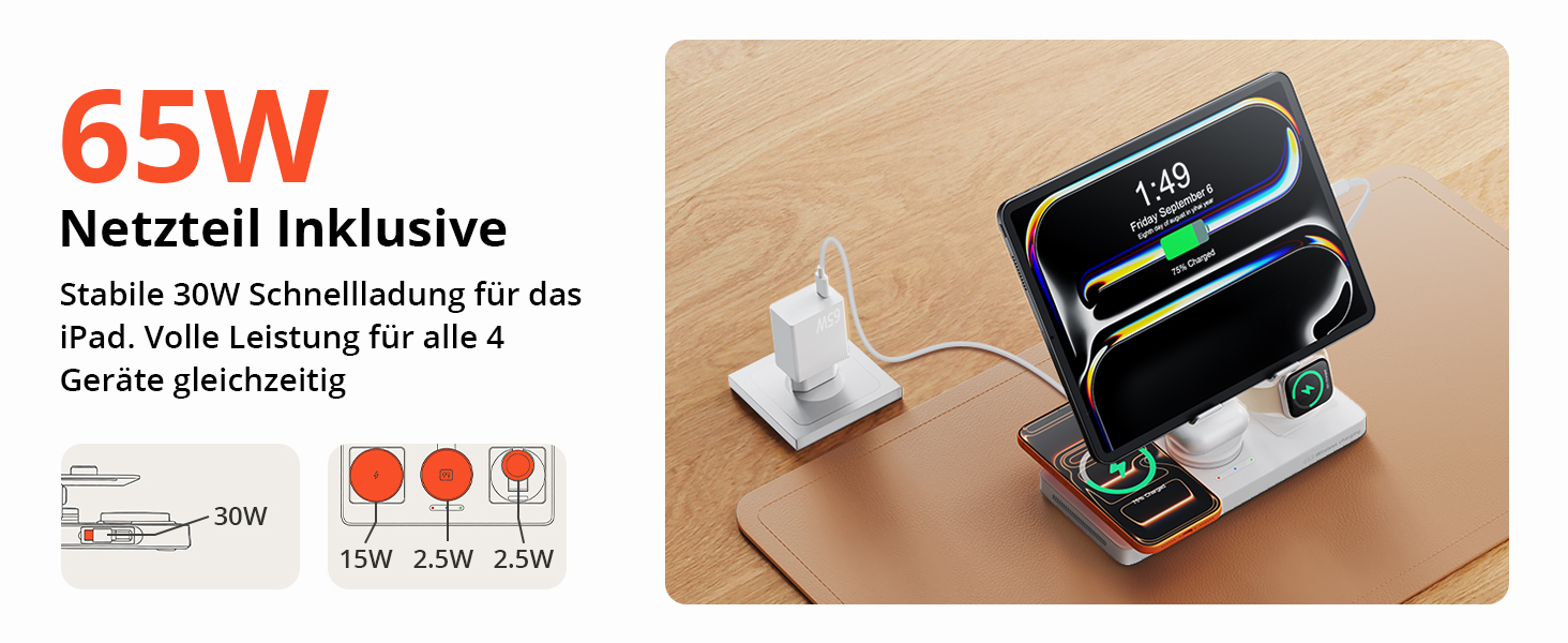 Зарядна станція Geekera 4-в-1 для Apple: кабель для iPad, магнітна бездротова зарядка iPhone Air/12-17, Apple Watch, AirPods (Металевий білий)