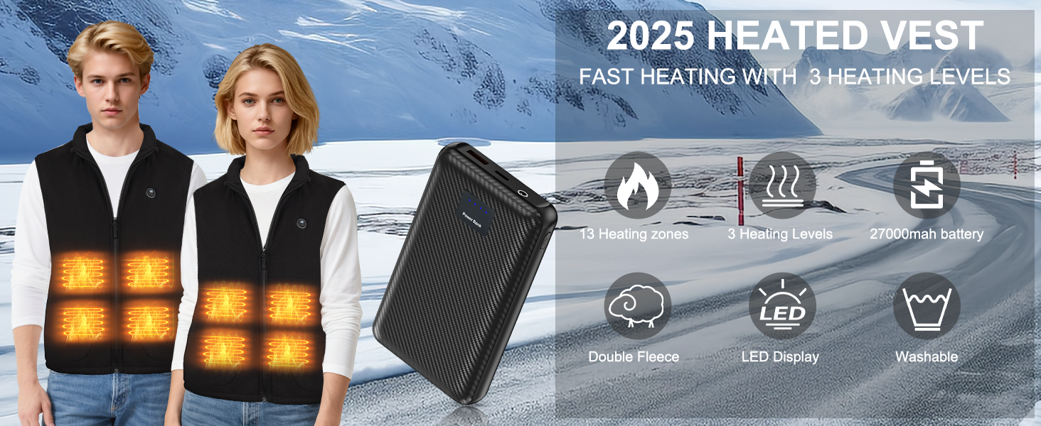 Обогреваемый жилет с аккумулятором 27000mAh 7.4V флисовый жилет, электрический жилет с 13 зонами нагрева, 3 режима температуры, мужской/женский, XL, глубокий черный
