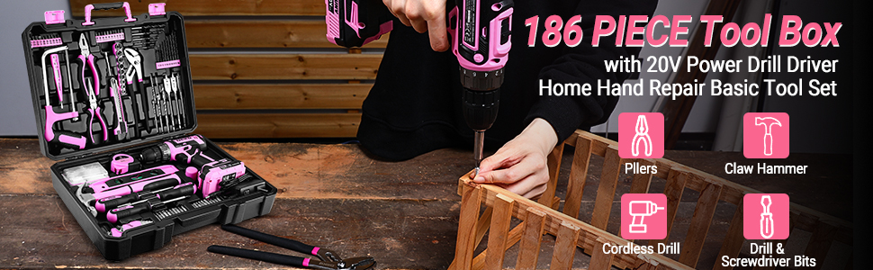 Набір інструментів DEKO 186 шт. з акумуляторним шурупокрутом 20V (рожевий) для дому та ремонту