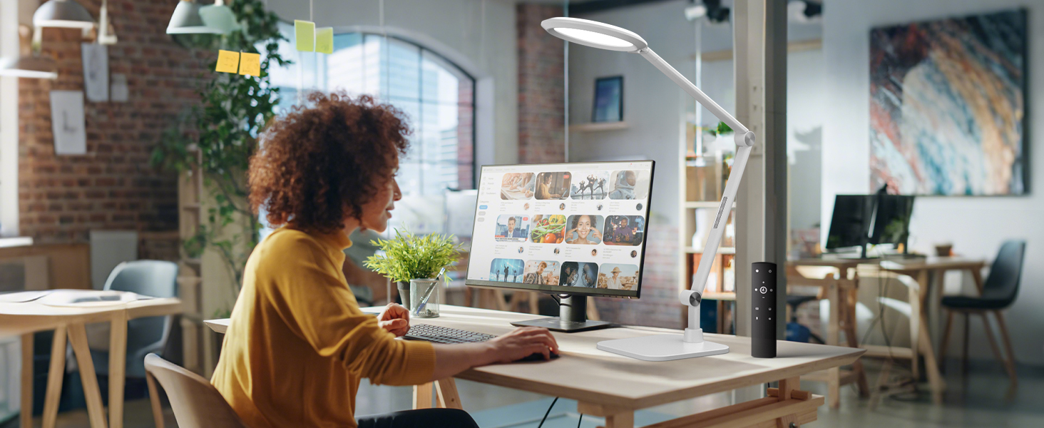 LED лампа настільна з денним світлом для відеоконференцій, офісна лампа з підставкою, регульована з 4 режимами кольору, 18W світло для відео, захищає очі, підходить для дому та офісу, матовий білий