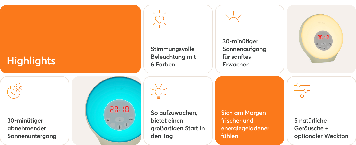 Світловий будильник Lumie Sunrise з ефектом сходу та заходу сонця, звуками та атмосферним підсвічуванням