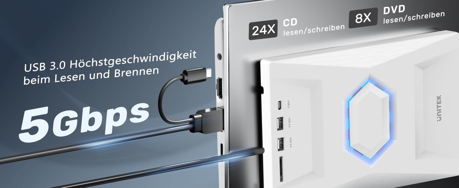 Зовнішній USB-C CD/DVD-привід UNITEK з картридером SD, USB 3.0 хабом та записом CD-ROM, білий — для ноутбуків, ПК (Windows, Linux, macOS)