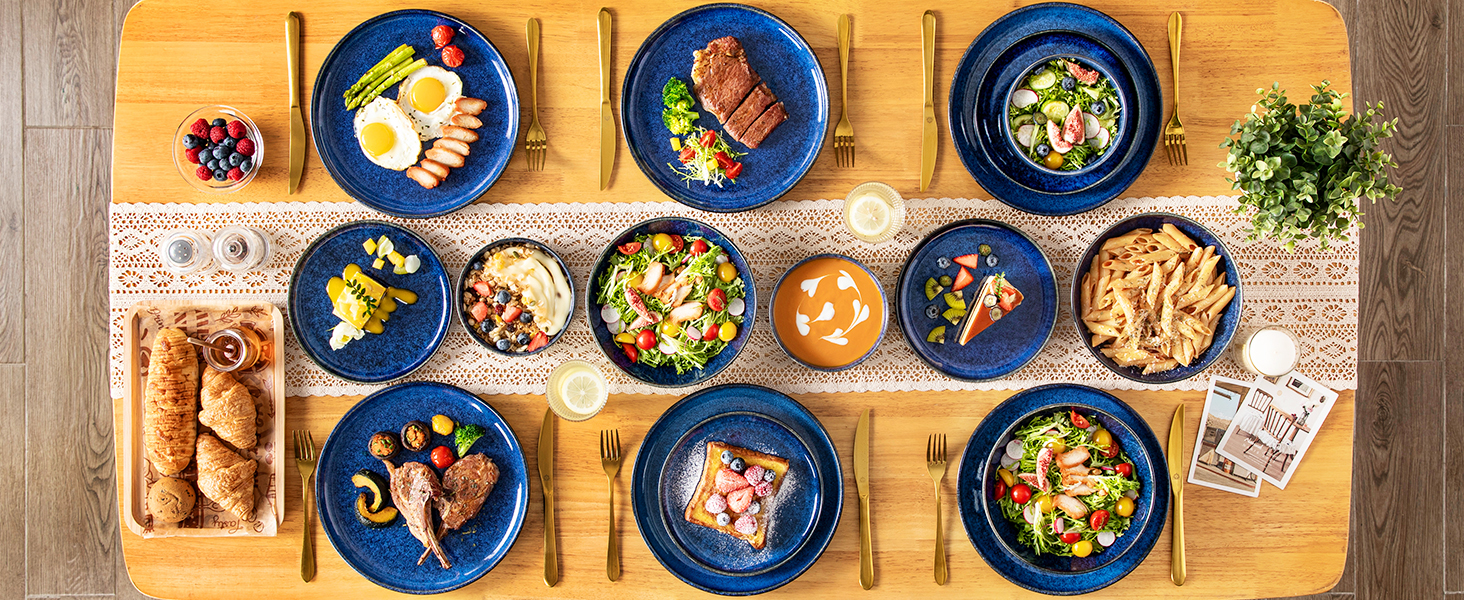 Vancasso Starry 24-Piece Blue Stoneware Dinnerware Set for 6 - Complete Tableware Set with Plates, Bowls