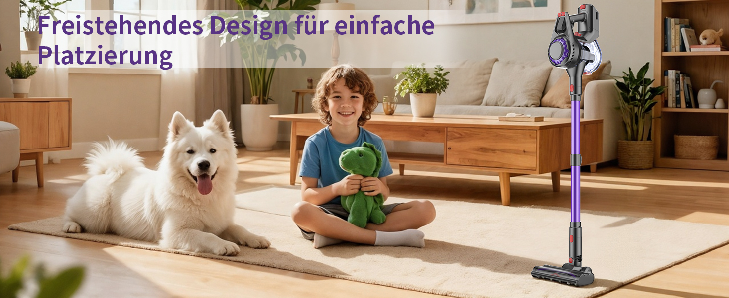 Бездротовий акумуляторний пилосос 450W, 40KPa, без мішка з HEPA-фільтром та LED-дисплеєм, антизаплутана щітка, самостійна підставка з кріпленням на стіну, час роботи 50 хв, для килимів, твердих підлог, шерсті тварин та авто