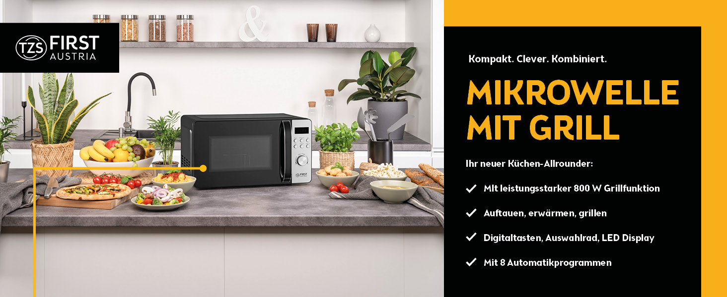 Мікрохвильова піч з грилем TZS First Austria 20L - 2-в-1, 700/800W, 8 програм, LED-дисплей, нержавіюча сталь, захист від дітей, чорний