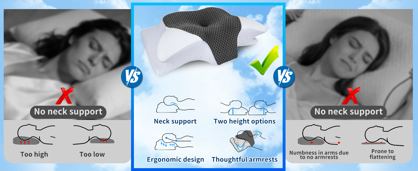 Подушка для шиї SAHEYER з Memory Foam, ортопедична, ергономічна, для сну на боці, 60x35.5x10/13 см (сіра)