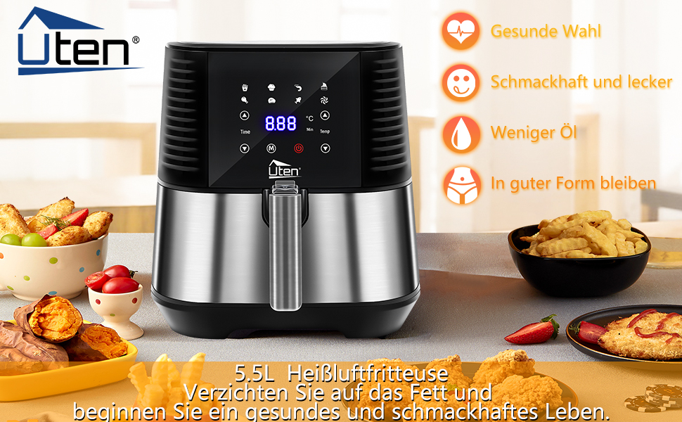 Фритюрниця повітряна, 4L, Heißluftfritteuse XL для 2-6 осіб, 1500W, з функцією підігріву та підтримки тепла, без олії, антипригарний кошик, 32 рецепти, білий колір