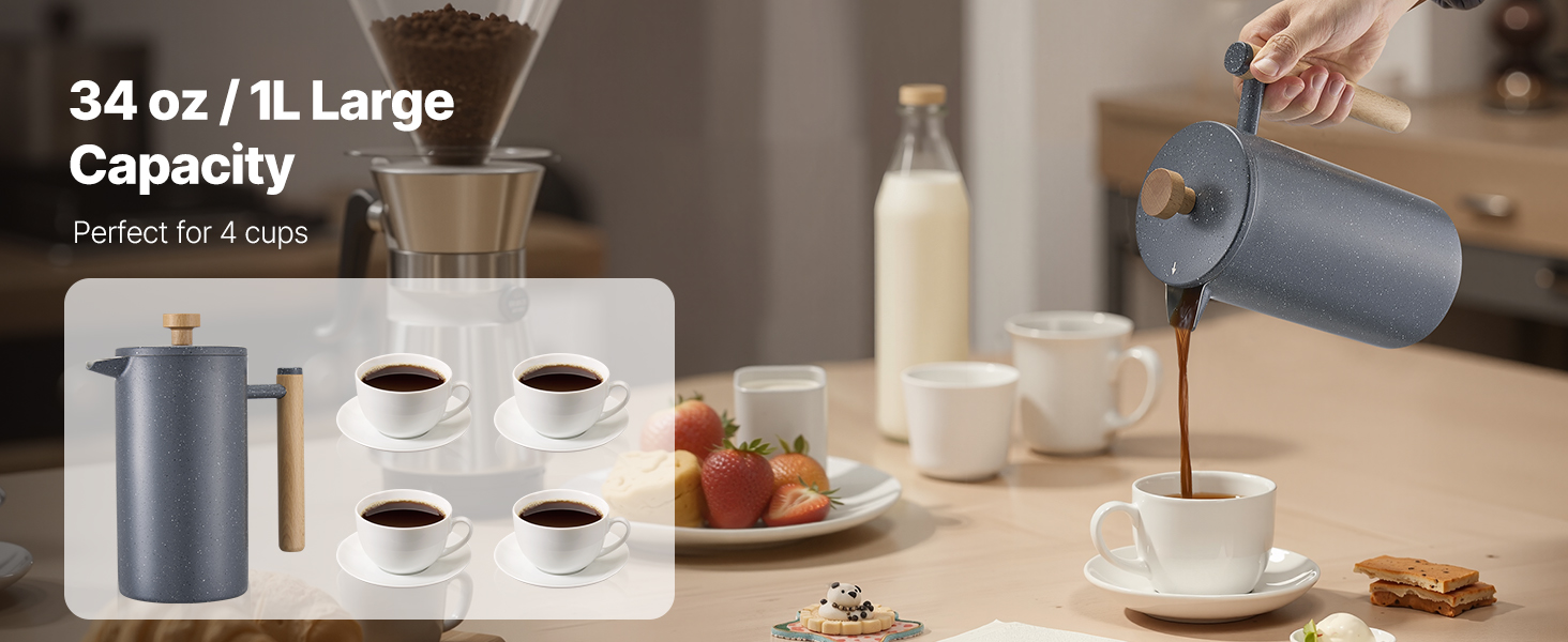 VEVOR Френч-прес для кави, 1 л, нержавіюча сталь, кавова преса, чайник з фільтром, ізольований, для кемпінгу, подорожей, кухні, ресторану, чорний