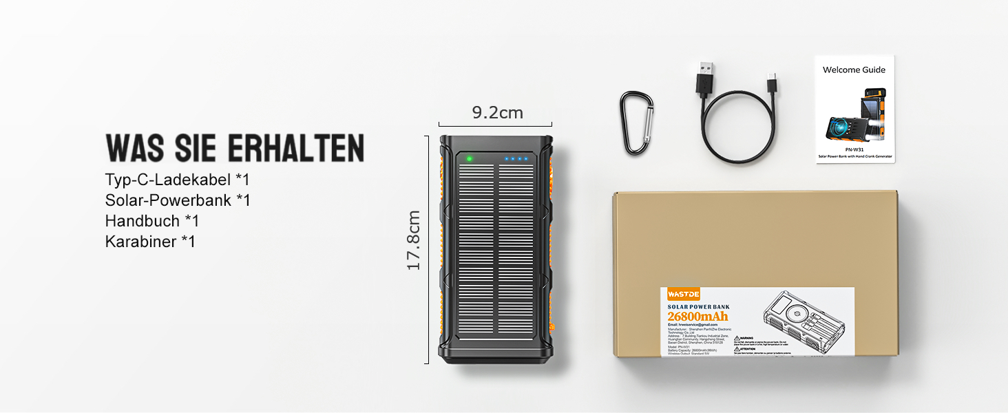 Повербанк сонячний Wireless 26800mAh з ручною зарядкою та 4 кабелями, Power Bank USB-C швидка зарядка, 7 портів, водонепроникний для кемпінгу, помаранчевий