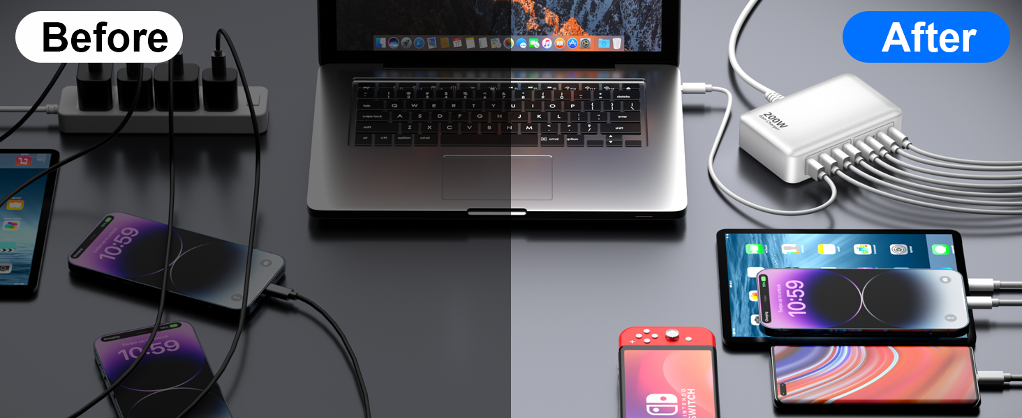 Зарядний пристрій USB-C 200W, 8 портів GaN, швидка зарядка, адаптер PD 65W для ноутбука MacBook/Dell/Steam Deck, iPhone 17/16/15/14, Galaxy S24/S23 (Білий)