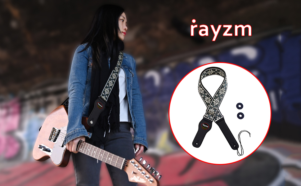Гітарний ремінь Rayzm з візерунком жакарду, бавовняний, для акустичної та електрогітари, басу, з тримачем для медіатора, металевий бугель 5 см, регульована довжина