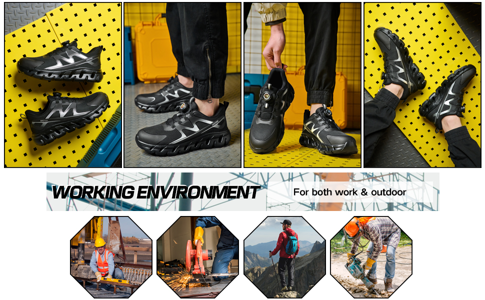 Черевики безпеки унісекс, легкі, спортивні, дихаючі, шнурки/крутильний замок, сталевий підносок, антиковзаючі, 43 EU, чорні
