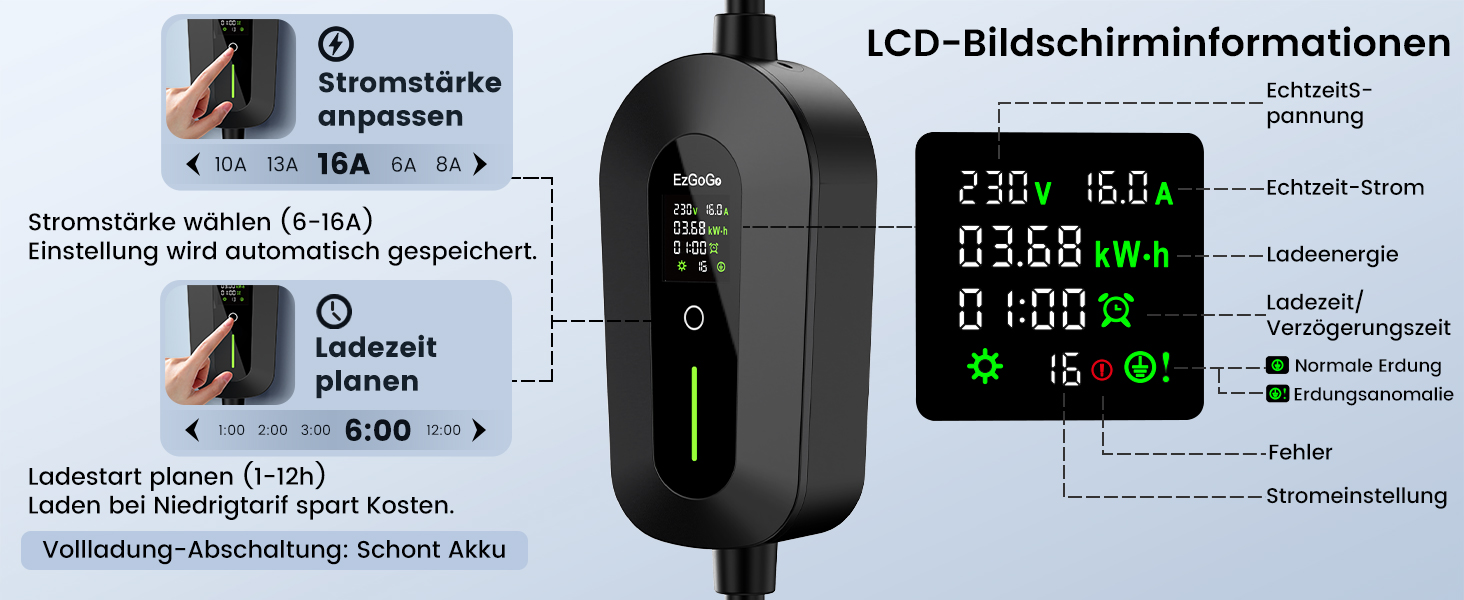 Кабель для зарядки електромобіля EzGoGo Type 2 Schuko 3.68 кВт, 10 м, 1 фаза, 6-16A, з LCD-дисплеєм та захистом IP65