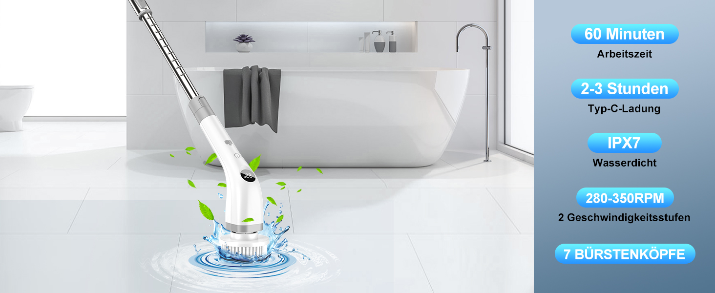 Електрична щітка для прибирання 7 в 1 з регульованою ручкою, змінними насадками, 2 швидкості, для ванної, плитки, IPX7, білий/сірий