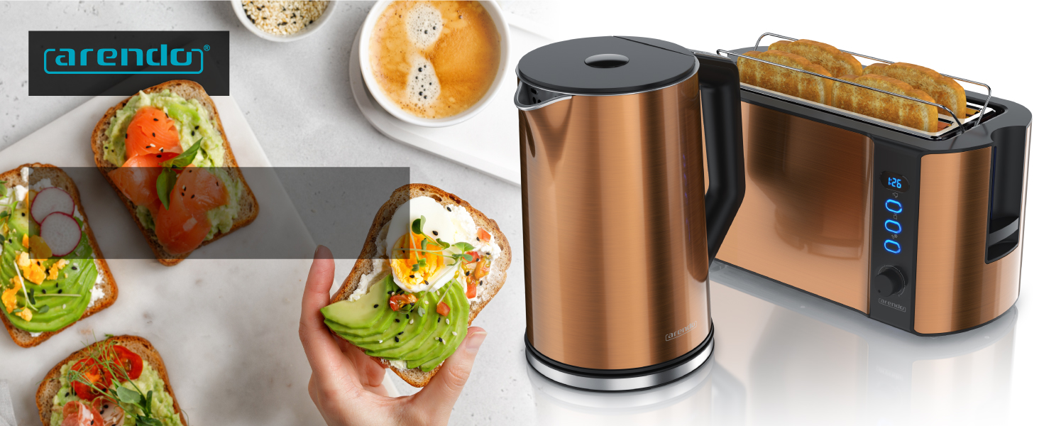 Набір чайник та тостер Arendo з нержавіючої сталі, колір мідний. Чайник: 1,5л, підтримка температури 40-100°C. Тостер: 4 тости, дисплей, 6 рівнів підсмажування, підставка для бургерів.