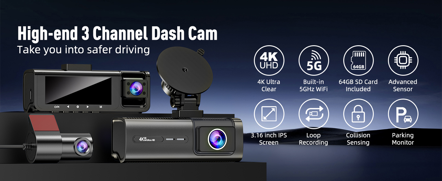 3-канальний автомобільний відеореєстратор 4K+1080P+1080P (передній, задній, салонний), 5GHz WiFi, 3.16