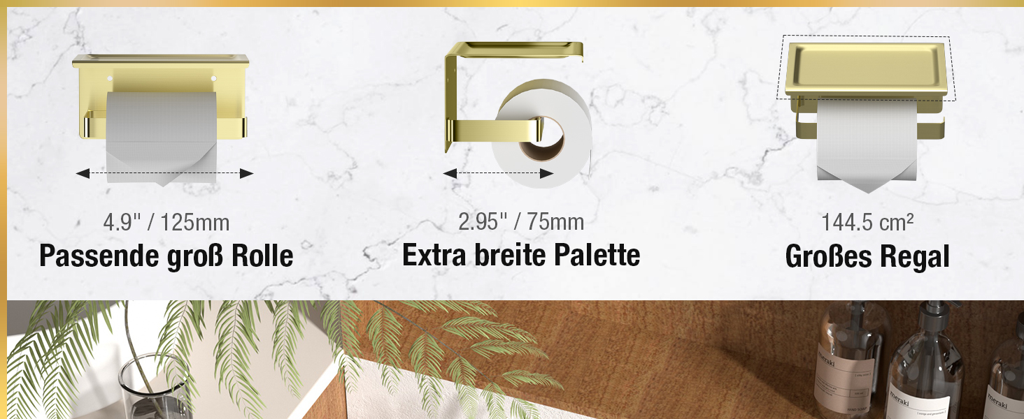 Тримач туалетного паперу HITSLAM без свердління, нержавіюча сталь з полицею, самоклеючий, для ванної кімнати, щіткова мідь